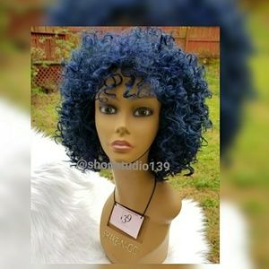 Custom Dark Blue Curly Bangs Big Afro Wig Unit